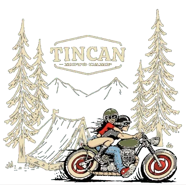 Tincan Moto Camp, two riders on a motorcycle by a tent in the pines
