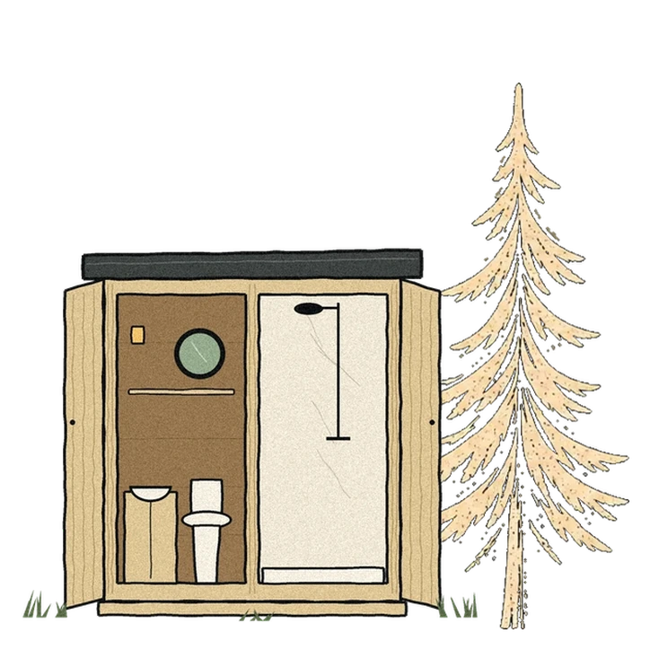 Drawing of the wooden bathhouse, a toilet on one side and a shower on the other