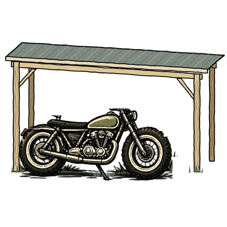 Drawing of a motorcycle under a tin lean-to roof on four wooden posts