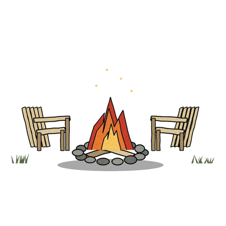 Drawing of a stone fire ring with two Adirondack chairs