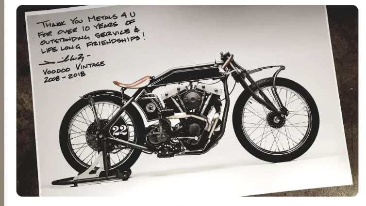 A vintage board-track style racer, number 22, hand built by David at Voodoo Vintage Moto